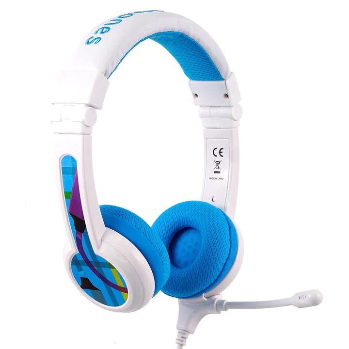 BuddyPhones School, Volume-Limiting Kids Headphones, Built-In Audio Sharing Cable with Mic, Compatible with iPad, iPhone, and Android Devices - Blue