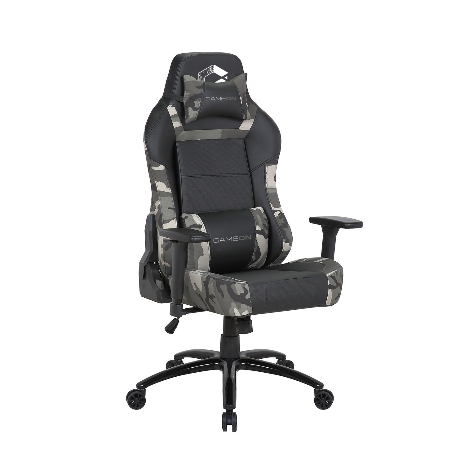 Game On Gaming Chair - Black/Gray Camo, 3D Arm Rest, Backrest, Head Pillow, Lumbar
