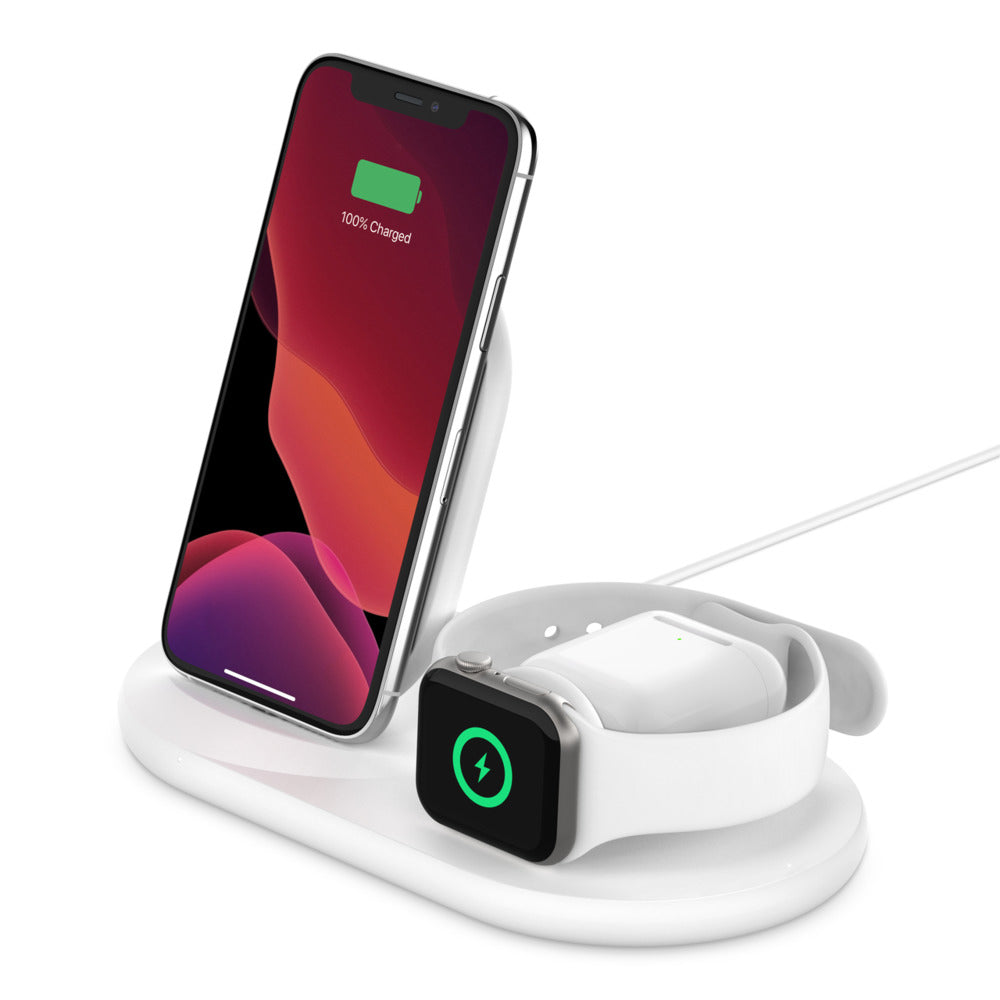 Belkin 3-in-1 Wireless Charger (Wireless Charging Station for iPhone, Apple Watch, AirPods) Wireless Charging Dock, iPhone Charging Dock, Apple Watch Charging Stand - White
