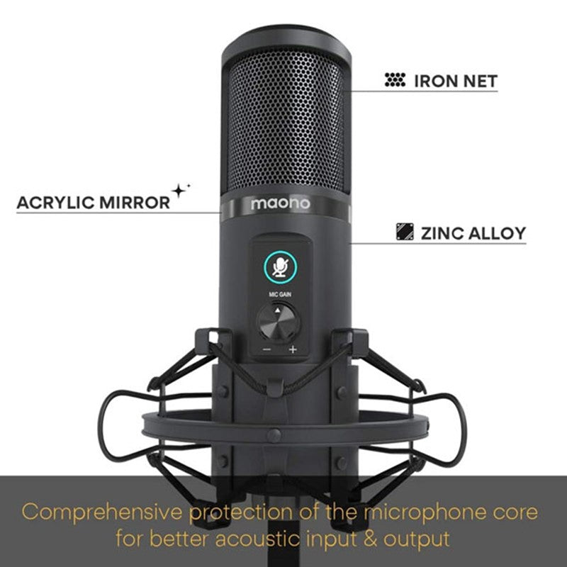 Maonocaster AU-PM421 USB Microphone Kit With One-Touch Mute And Mic Gain Knob, Professional Cardioid Condenser Podcast For Livestreaming, Gaming, Broadcasting - Black