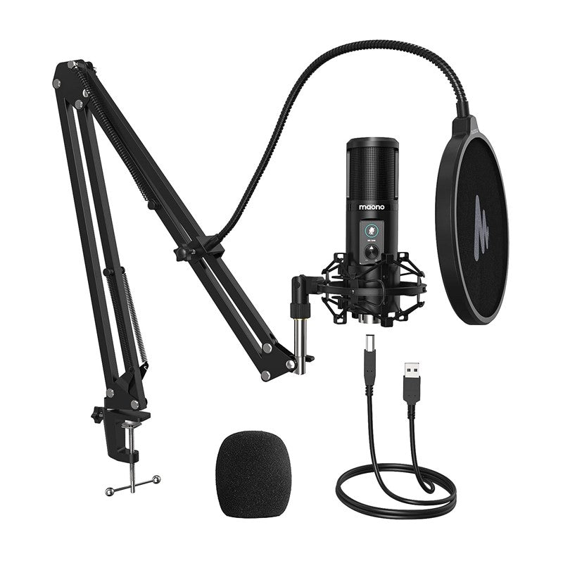 Maonocaster AU-PM421 USB Microphone Kit With One-Touch Mute And Mic Gain Knob, Professional Cardioid Condenser Podcast For Livestreaming, Gaming, Broadcasting - Black