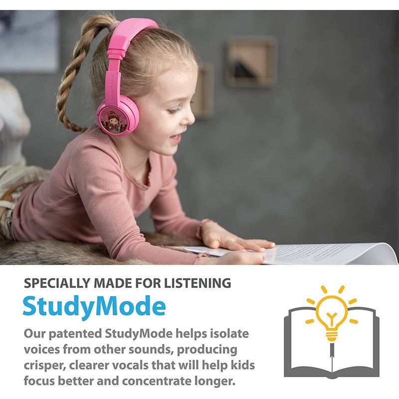 BuddyPhones Play+, Wireless Bluetooth Volume-Limiting Kids Headphones, 20-Hours Battery Life, 3 Volume Settings, Voice Enhancing StudyMode, Answer/Playback Button, BuddyLink Cable