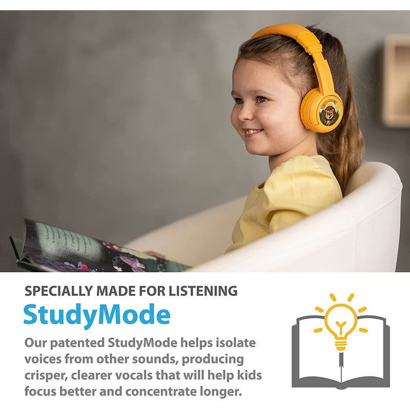 BuddyPhones Play+, Wireless Bluetooth Volume-Limiting Kids Headphones, 20-Hours Battery Life, 3 Volume Settings, Voice Enhancing StudyMode, Answer/Playback Button, BuddyLink Cable