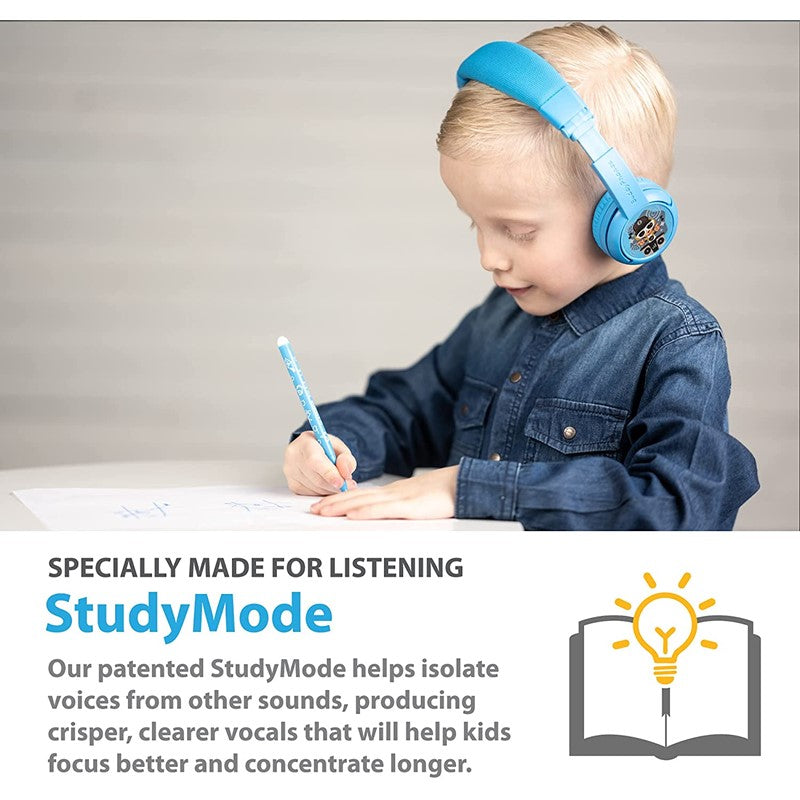 BuddyPhones Play+, Wireless Bluetooth Volume-Limiting Kids Headphones, 20-Hours Battery Life, 3 Volume Settings, Voice Enhancing StudyMode, Answer/Playback Button, BuddyLink Cable