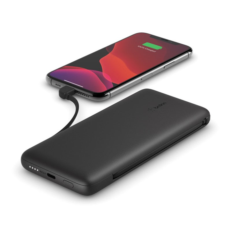 Belkin - 10K Pd Power Bank With Integrated Two Cables (LTG & USB C), Black