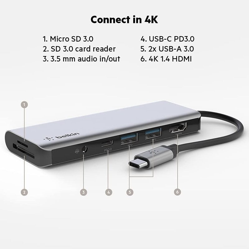 Belkin  USB C Hub 7-in-1  SD 3.0, Micro SD, 3.5 audio, USB-C, 2x USB-A, 4k HDMI