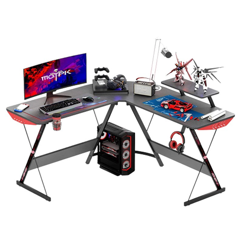 GAMEON L-Shaped Slayer I Series Gaming Desk (Size: 129*129*74cm & Table top 80*46cm) With Headset Hook, Cup Holder & Accessories Stand - Black