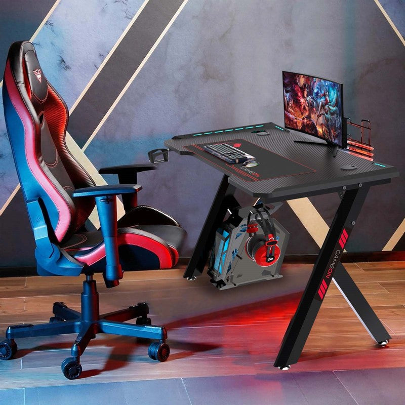 GAMEON Hawksbill Series RGB Flowing Light Gaming Desk (Size: 120-60-72cm) With (800*300*3mm - Mouse pad), Headphone Hook & Cup Holder - Black