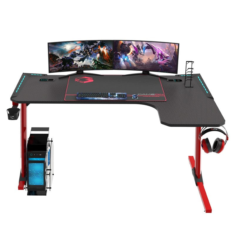GAMEON Phantom XL-R Series L-Shaped RGB Flowing Light Gaming Desk (Size: 140-60-72mm) With (800*300*3mm - Mouse pad), Headphone Hook, Cup Holder, Cable Management, Gamepad Holder, Qi Wireless Charger & USB Hub - Black