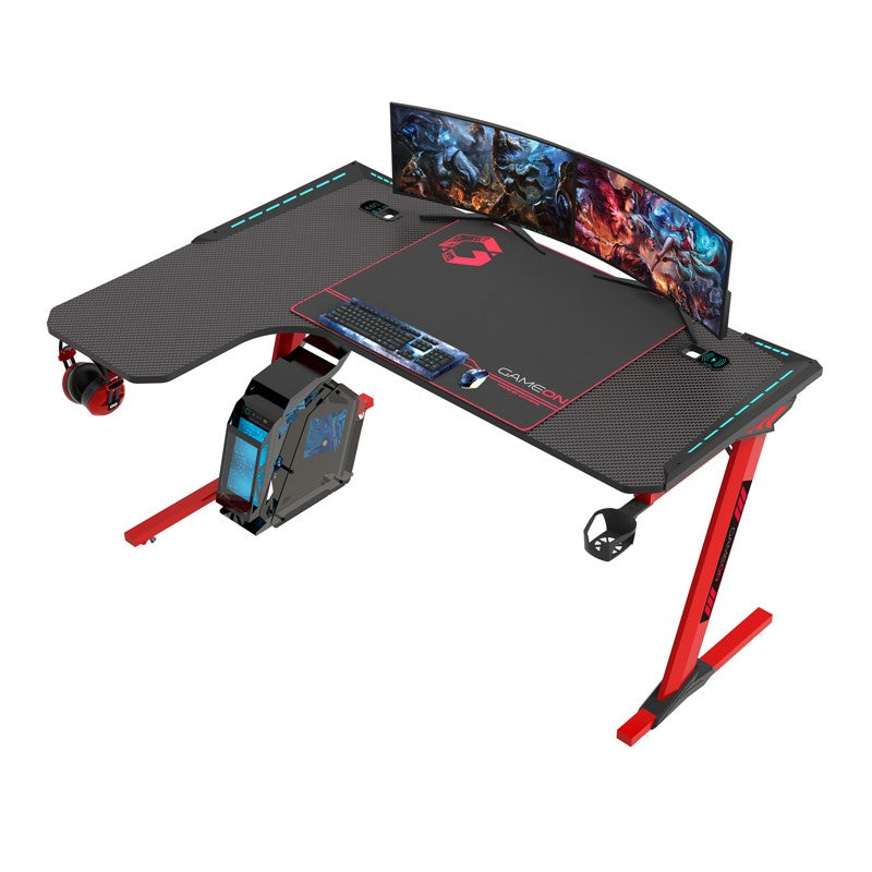 GAMEON Phantom XL-L Series L-Shaped RGB Flowing Light Gaming Desk (Size: 140-60-72mm) With (800*300*3mm - Mouse pad), Headphone Hook, Cup Holder, Cable Management, Gamepad Holder, Qi Wireless Charger & USB Hub - Black