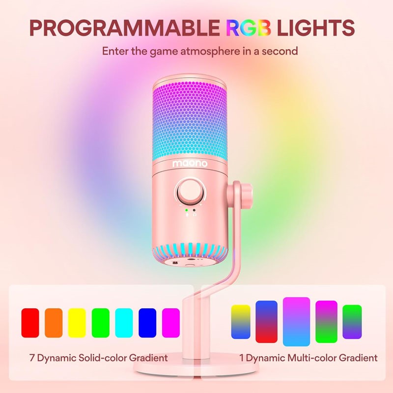 ميكروفون ألعاب Maonocaster DM30 RGB للكمبيوتر الشخصي ، ميكروفون USB قابل للبرمجة مع أضواء RGB - وردي