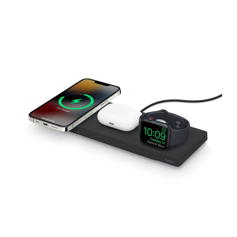 وسادة شحن لاسلكية Belkin MagSafe 3 في 1 شحن لاسلكي سريع لساعة Apple Watch و iPhone و AirPods MagSafe لأجهزة متعددة ، أسود