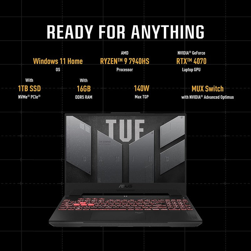 ASUS TUF Gaming A15 FA507XI-LP018W Mecha Gray, Gaming Laptop, R9 7940HS 16GB 1TB 4.0 M.2 SSD, NV RTX4070 8GB Graphics, WIN11 HOME, 15.6 inch FHD 1920X1080 144Hz, HD Webcam, Backlit-RGB-Eng/ArbKeyboard