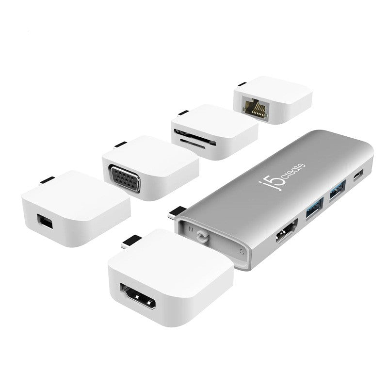 j5create JCD389 Ultradrive Kit USB-C Multi-Display Modular Dock, includes 2x HDMI ports and 4x USB ports - Silver and White