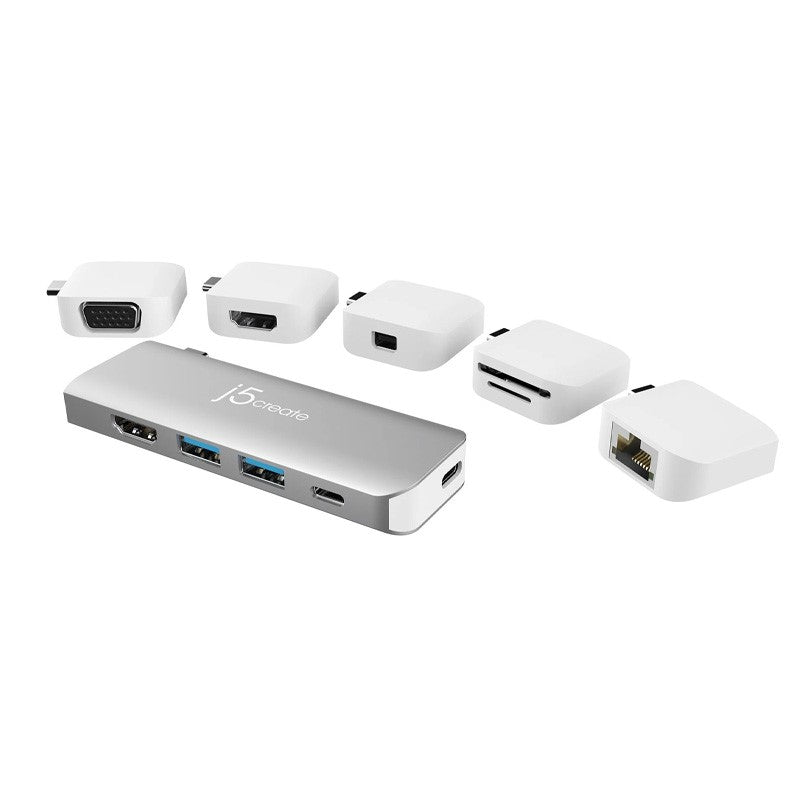 j5create JCD389 Ultradrive Kit USB-C Multi-Display Modular Dock, includes 2x HDMI ports and 4x USB ports - Silver and White