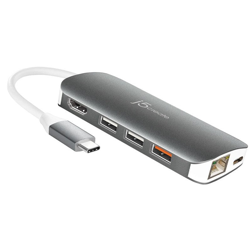 j5create JCD383 USB-C 9-in-1 Multi Adapter, Silver and White