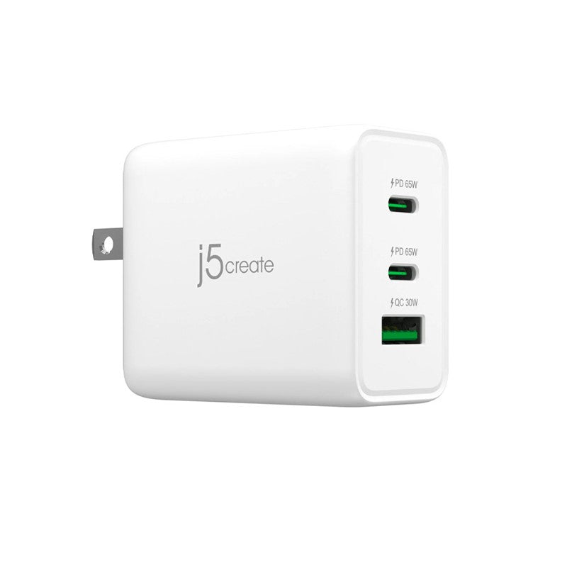 j5create JUP3365F 65W GaN USB-C 3-Port Charger - UK, White