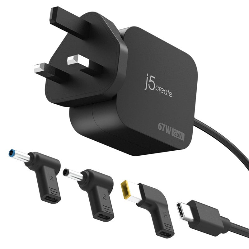 j5create JUP1565DCF3A 67W GaN PD USB-C Mini Charger with 3 Types of DC Connector - UK, Black