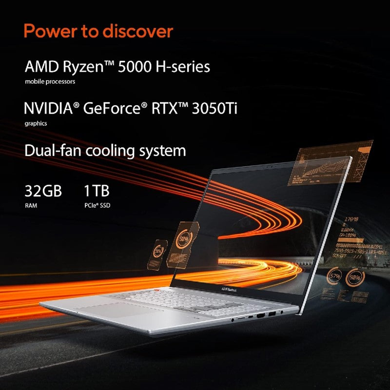 ASUS VivoBook Pro 16X M7600QE-OLED0R9W Creator Laptop With 16-Inch Display, AMD Ryzen R9-5900HX Processor, 32GB RAM, 1TB SSD, 4GB NVIDIA RTX 3050 Ti, English/Arabic Keyboard, Windows 11 Home, Silver