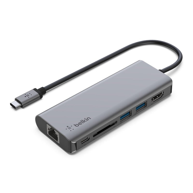BELKIN Connect USB-C 6-in-1 Multiport Hub - HDMI 4K,  Ethernet Port,  SD Card Slot,  100W USB-C PD 3.0,  2x USB-A 3.0,  5 Gbps Bandwidth - Gray, BKN-AVC008BTSGY