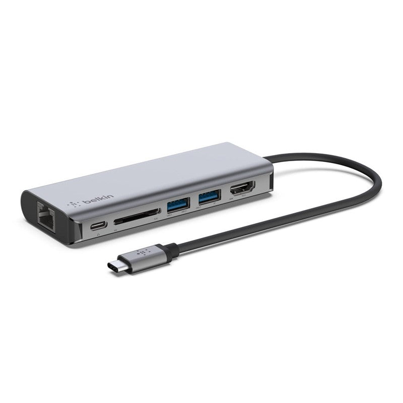 BELKIN Connect USB-C 6-in-1 Multiport Hub - HDMI 4K,  Ethernet Port,  SD Card Slot,  100W USB-C PD 3.0,  2x USB-A 3.0,  5 Gbps Bandwidth - Gray, BKN-AVC008BTSGY