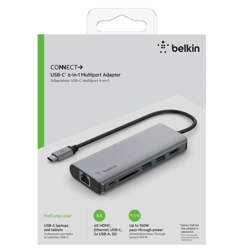 BELKIN Connect USB-C 6-in-1 Multiport Hub - HDMI 4K,  Ethernet Port,  SD Card Slot,  100W USB-C PD 3.0,  2x USB-A 3.0,  5 Gbps Bandwidth - Gray, BKN-AVC008BTSGY