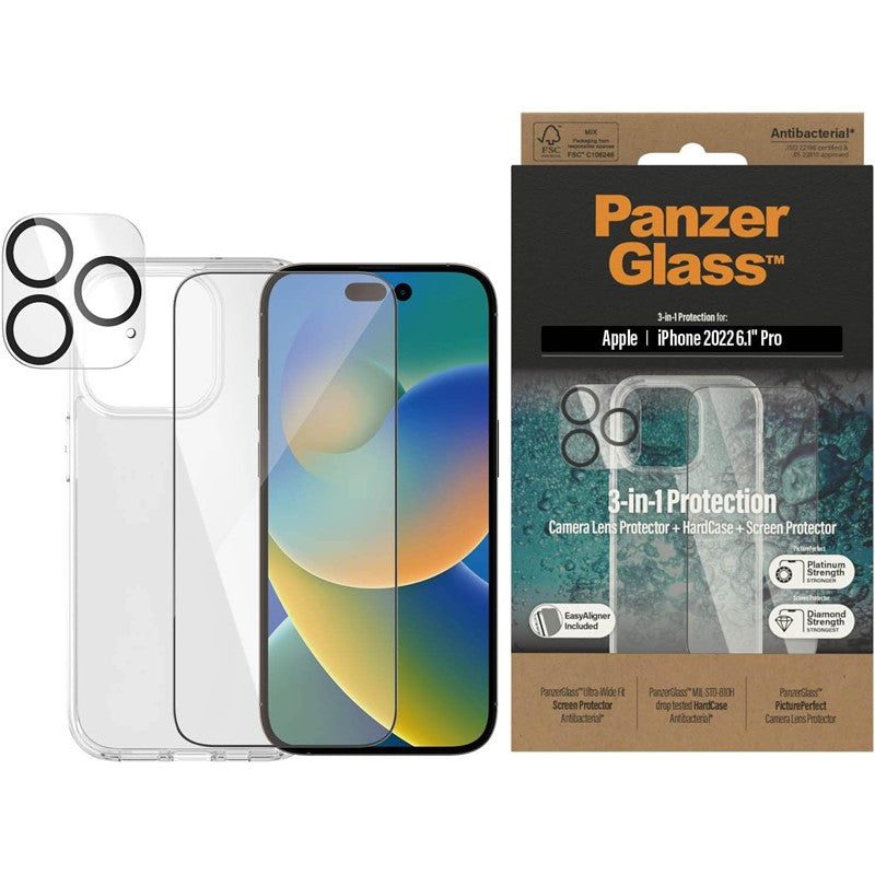 PanzerGlass iPhone 14 Pro Max - 3-in-1 Bundle - ClearCase + Screen Protector + Camera Lens Protector - Clear, PNZB0404+2786