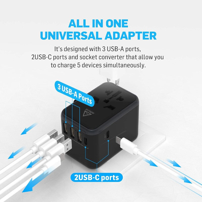 Adonit Universal Adapter 3A2C - International Wall Charger PD 61W (3 USB-A + 2 USB-C) - Black, ADUA61W