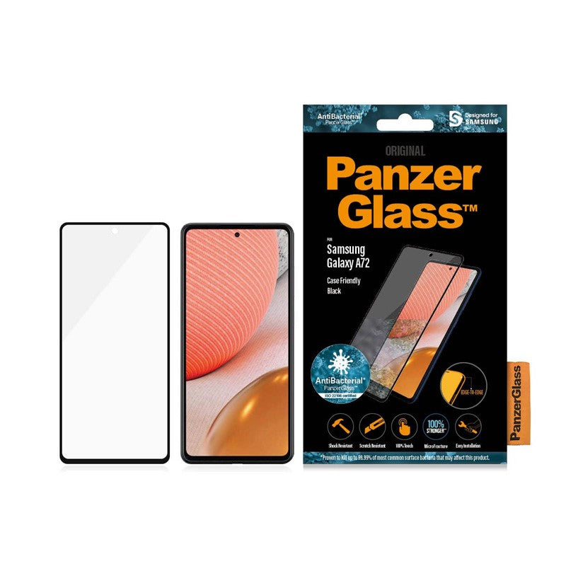 PanzerGlass Samsung Galaxy A72 5G Screen Protector - Edge to Edge Fit Tempered Glass w/ AntiMicrobial - Black Frame, PNZ7255