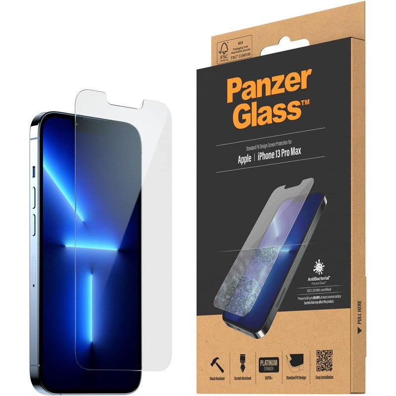 PanzerGlass iPhone 13 Pro Max - Standard Fit Tempered Glass Screen Protector With Anti-Microbial - Clear, PNZ2743