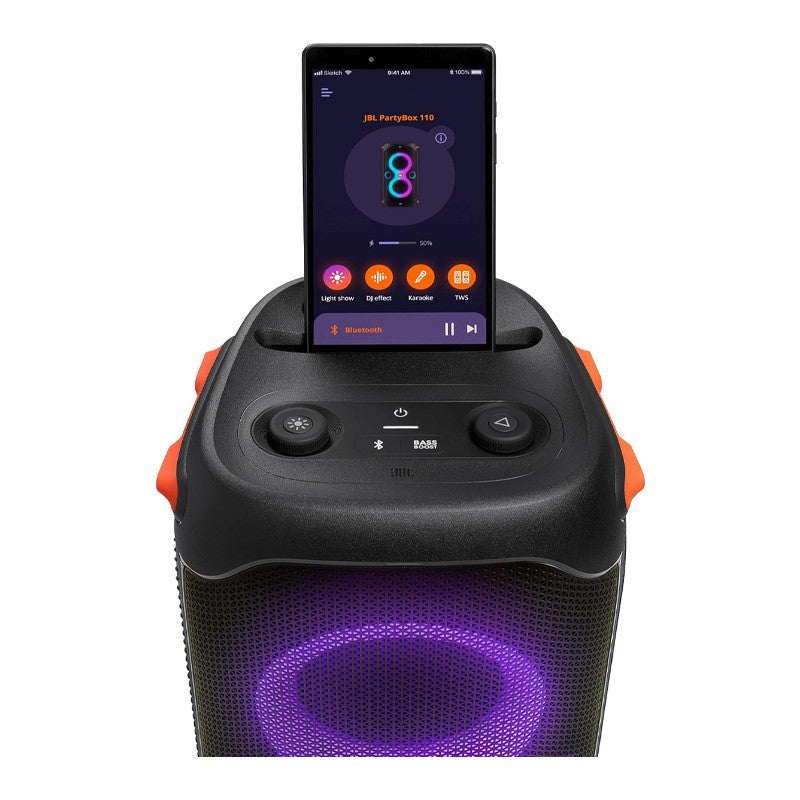 JBL Partybox 110 Portable Party Speaker, 160W Powerful Sound, Built-In Lights, Splashproof, Adjustable Bass, Immersive Audiovisual, 12H Battery, Mic/Guitar Input, USB Stream - Black