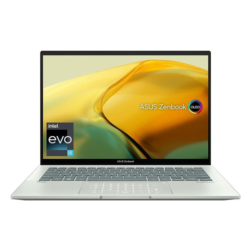 Asus Zenbook 14 UX3402ZA-OLED1Q5W (Aqua Celadon), Slim Laptop, i5-1240P 8GB 512GB SSD, WIN11 HOME, 14- inch 2.8K (2880 x 1800) OLED 16:10 OLED, FHD Webcam, Fingerprint, Backlit-Eng-Arb-KB., LV-5US9-FE1J