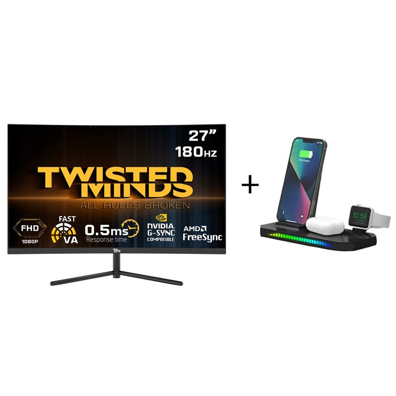 Twisted Minds 27'‘, Curve, FHD 180Hz, VA, 1ms, HDMI2.0, HDR Gaming Monitor 2 TM27FHD180VA  + (Free Twisted Minds 3 in 1 Sound Pickup RGB Wireless Charger)