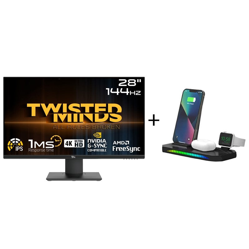 Twisted Minds 28'' UHD, 144Hz, 1ms, HDMI2.1, IPS Panel Gaming Monitor + (Free Twisted Minds 3 in 1 Sound Pickup RGB Wireless Charger)