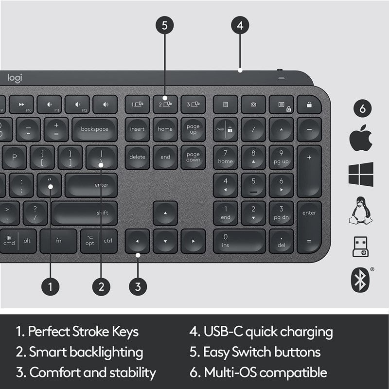 لوحة مفاتيح لاسلكية متقدمة من لوجيتك MX مفاتيح بمدى 10 أمتار قابل لإعادة الشحن USB-C - اسود